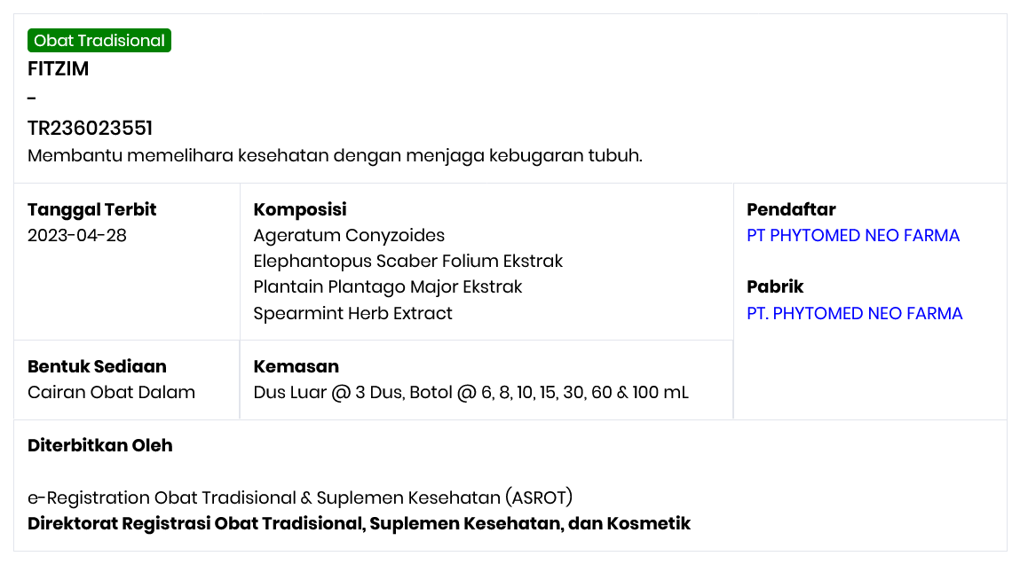 Sertifikat BPOM FITZIM TR236023551